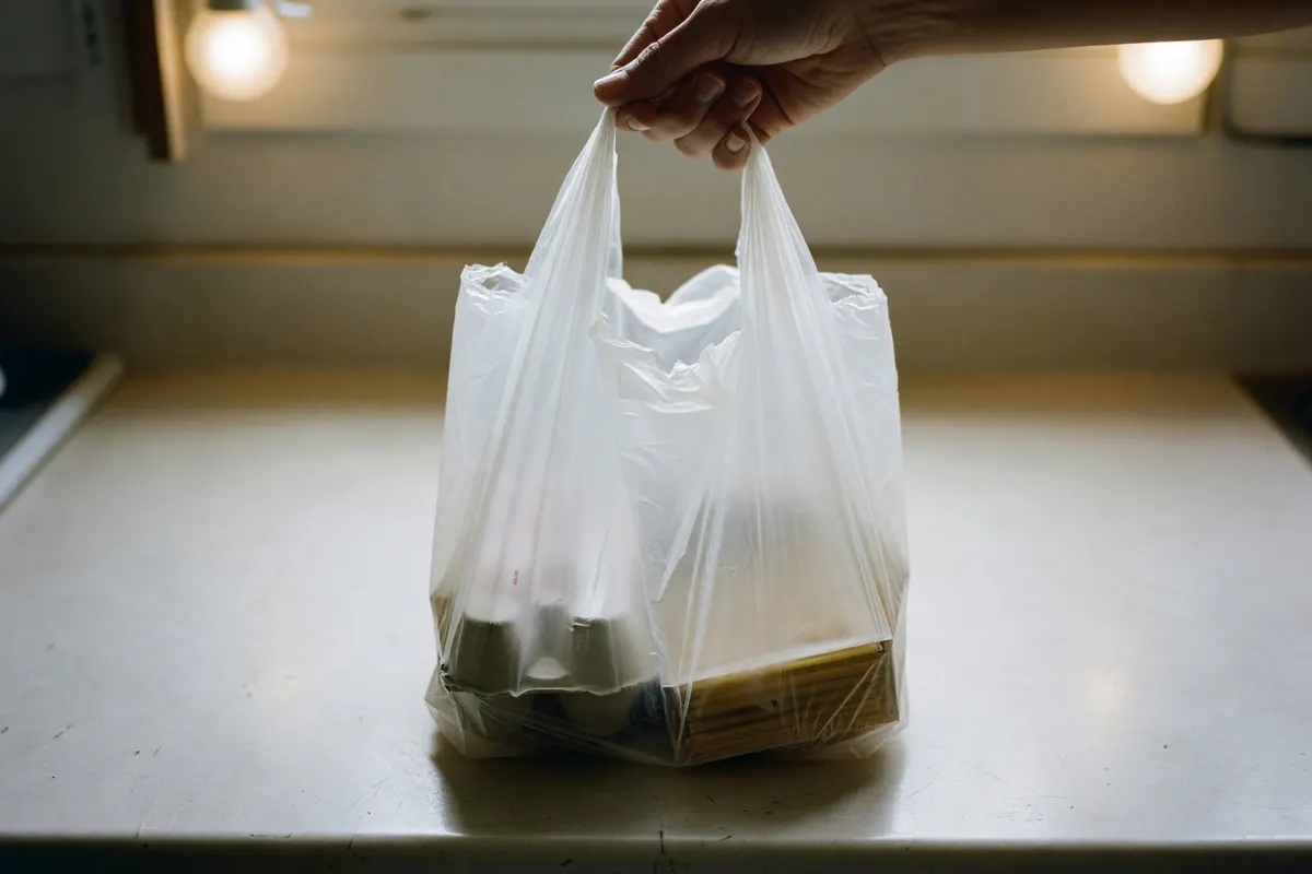 plastic bag on the counter with eggs and pasta inside