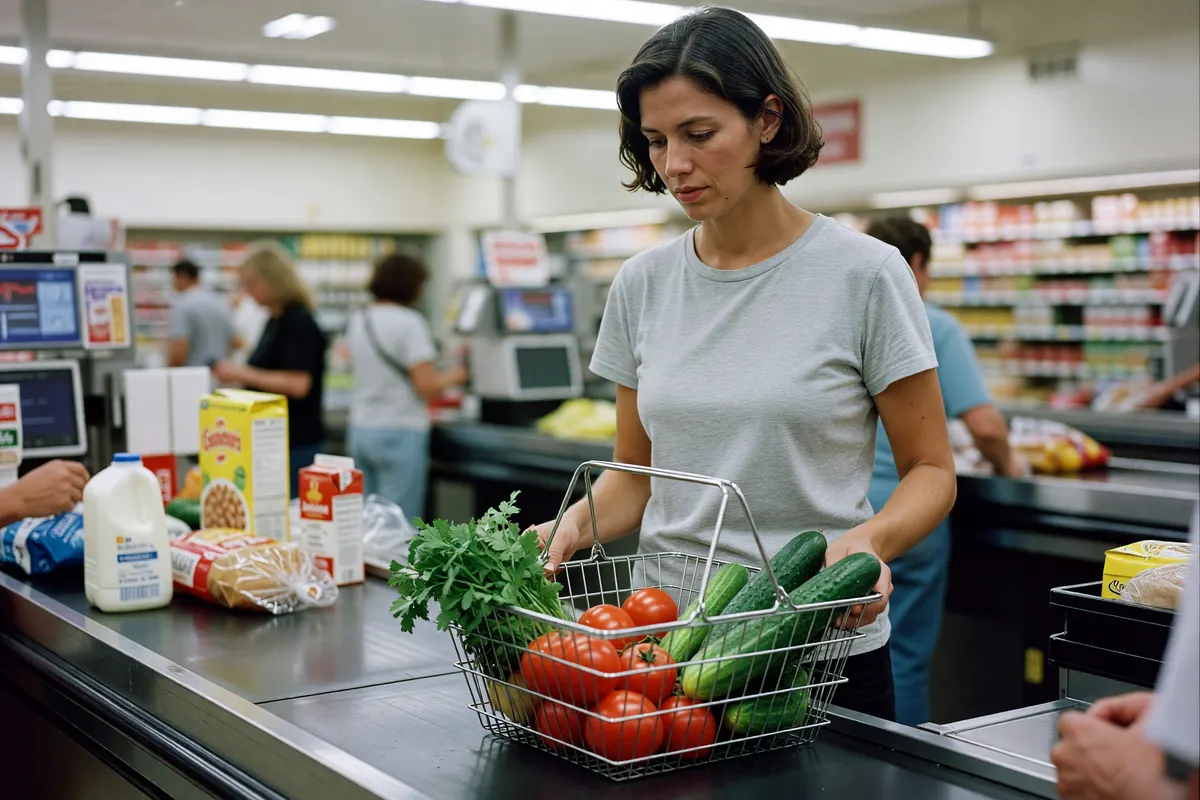 phone snap of the checkout line, basket on the belt