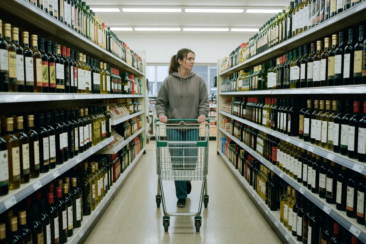 aisle shot from slightly behind the cart, rows of bottles lined up