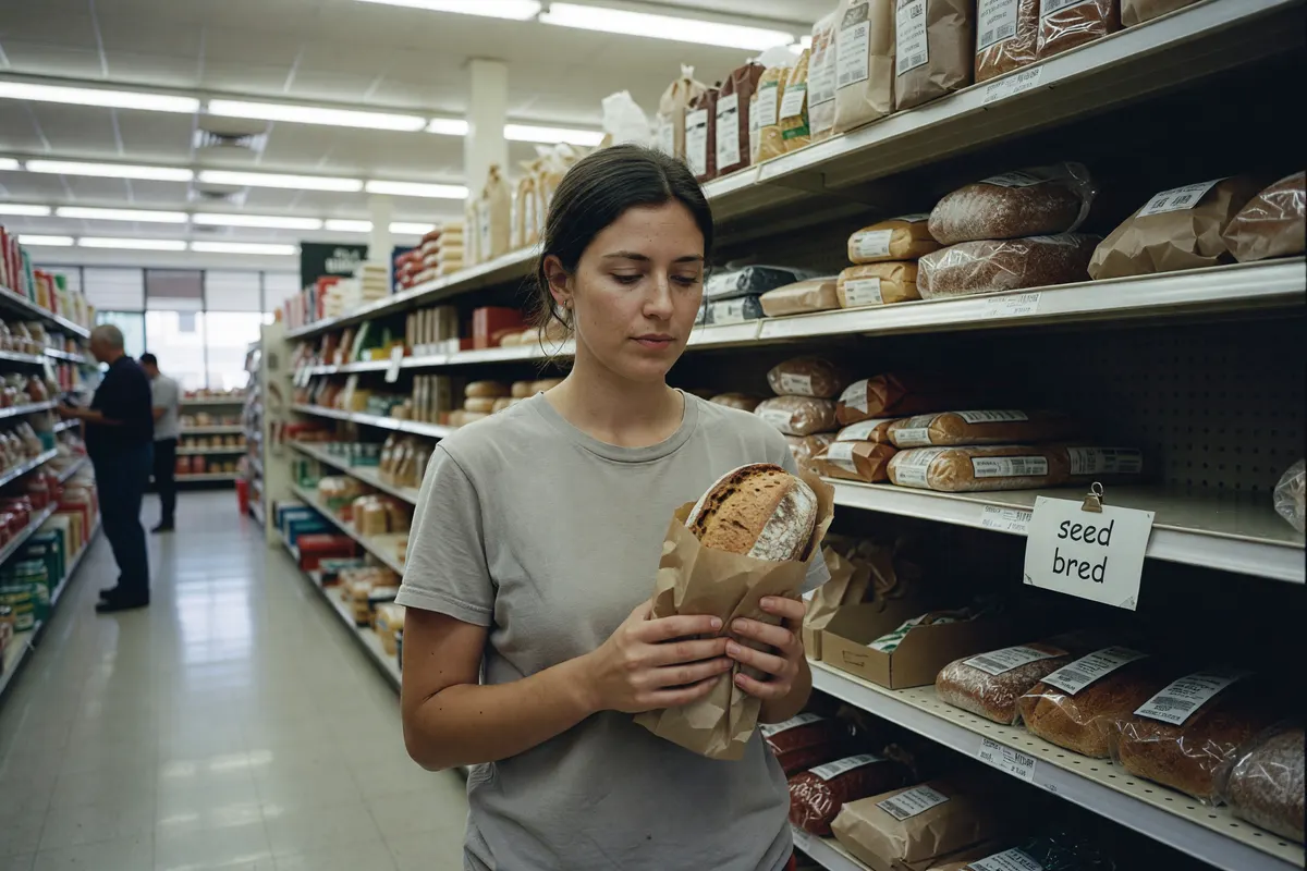 hand holding the bread near the price sign
