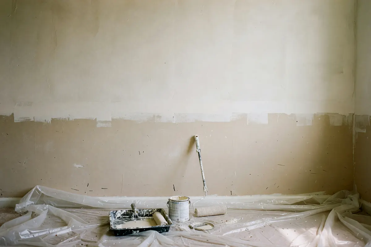 half-painted wall with roller and paint stuff on the floor