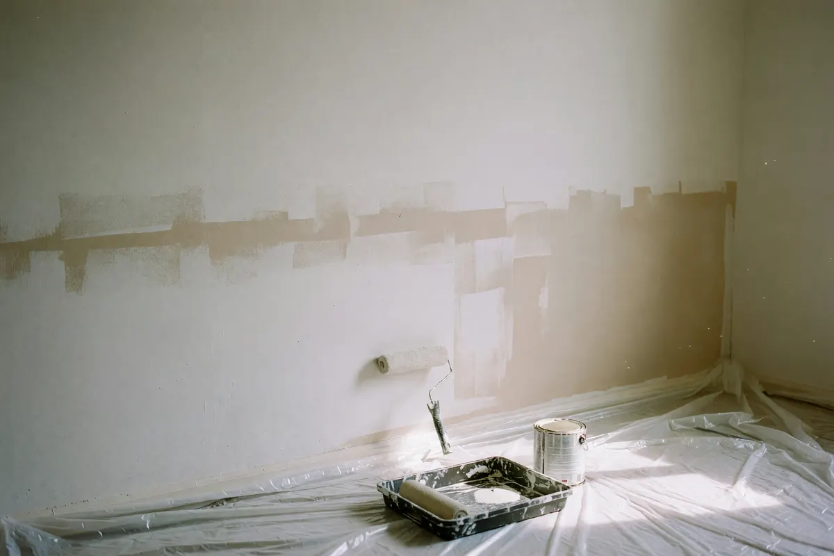 painting mess with tray and roller on the floor