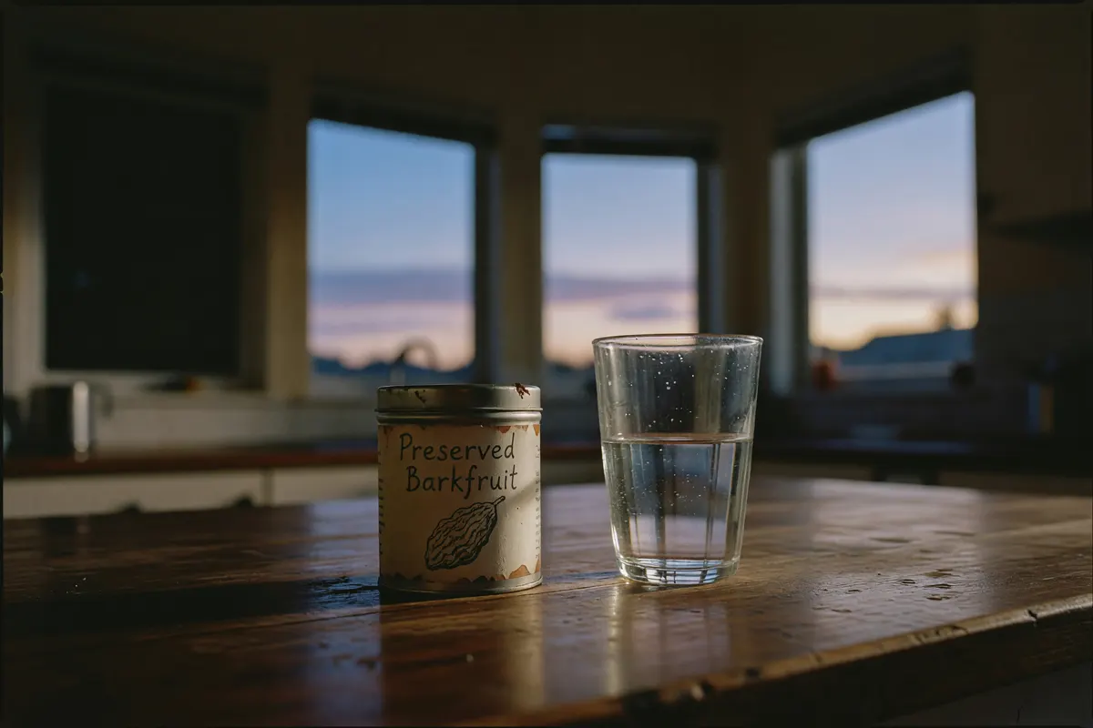 tin on the counter with the dark window behind it