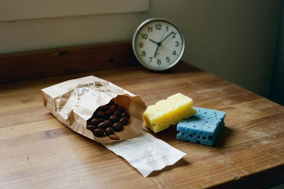 the almonds and sponges next to the receipt