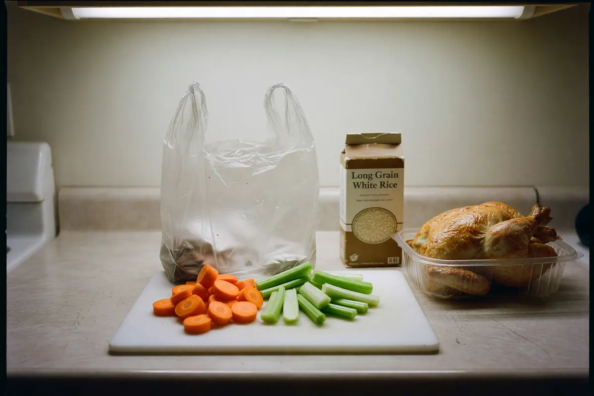 plastic bag and cutting board on the counter